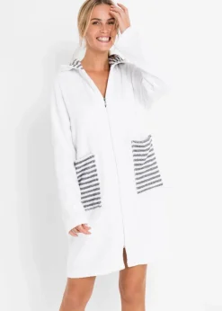 bonprix Bademäntel|Nachhaltigere Materialien|Frottee Bademantel aus Bio-Baumwolle mit Reißverschluss weiß/grau gestreift