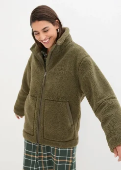 bonprix Bekleidung·Hosen|Jacken & Mäntel|Gefütterte Teddy-Fleece Jacke dunkeloliv