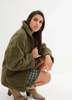bonprix Bekleidung·Hosen|Jacken & Mäntel|Gefütterte Teddy-Fleece Jacke dunkeloliv
