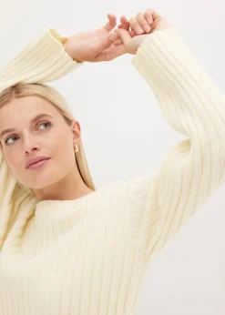bonprix Pullover & Strickjacken|Strickmode|Gerippter Oversize-Pullover cremeweiß