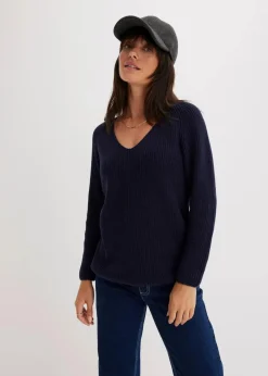bonprix Bekleidung·Umstandsmode|Strickmode|Gerippter Pullover aus reiner Baumwolle dunkelblau