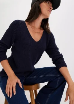 bonprix Bekleidung·Umstandsmode|Strickmode|Gerippter Pullover aus reiner Baumwolle dunkelblau