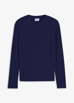 bonprix Shirts & Tops|Basics|Geripptes Langarmshirt aus reiner Baumwolle dunkelblau