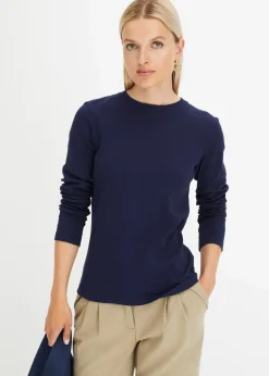 bonprix Shirts & Tops|Basics|Geripptes Langarmshirt aus reiner Baumwolle dunkelblau