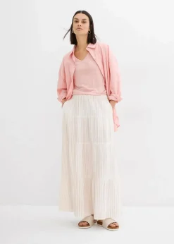 bonprix Röcke|Bekleidung·Sportbekleidung|Gestreifter Maxirock aus reiner Baumwolle rosenquarz/wollweiß gestreift