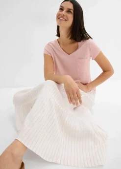 bonprix Röcke|Bekleidung·Sportbekleidung|Gestreifter Maxirock aus reiner Baumwolle rosenquarz/wollweiß gestreift