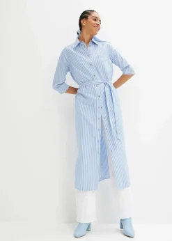 bonprix Bekleidung·Pullover & Strickjacken|Kleider|Gestreiftes Blusenkleid mit Bindeband mittelblau/weiß gestreift