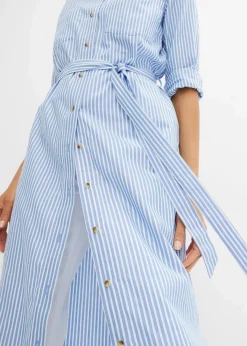 bonprix Bekleidung·Pullover & Strickjacken|Kleider|Gestreiftes Blusenkleid mit Bindeband mittelblau/weiß gestreift