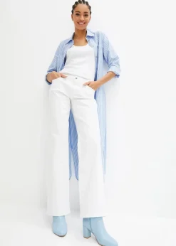 bonprix Bekleidung·Pullover & Strickjacken|Kleider|Gestreiftes Blusenkleid mit Bindeband mittelblau/weiß gestreift