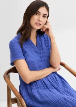 bonprix Bekleidung·Pullover & Strickjacken|Kleider|Gestreiftes Kleid aus Musselin lilablau/enzianblau gestreift