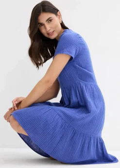 bonprix Bekleidung·Pullover & Strickjacken|Kleider|Gestreiftes Kleid aus Musselin lilablau/enzianblau gestreift