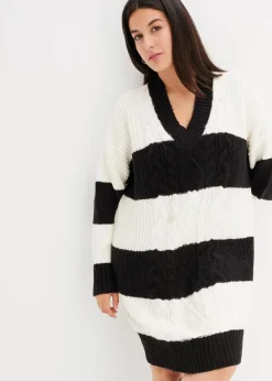 Gestreiftes Strickkleid mit Zopfmuster|bonprix Online