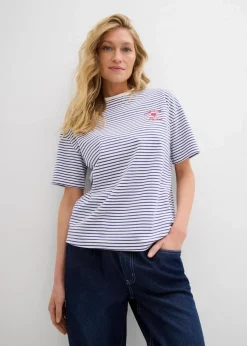 bonprix Nachhaltigere Materialien|Shirts & Tops|Gestreiftes T-Shirt mit Stickerei dunkelblau/weiß gestreift