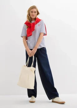 bonprix Nachhaltigere Materialien|Shirts & Tops|Gestreiftes T-Shirt mit Stickerei dunkelblau/weiß gestreift
