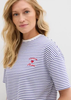 bonprix Nachhaltigere Materialien|Shirts & Tops|Gestreiftes T-Shirt mit Stickerei dunkelblau/weiß gestreift