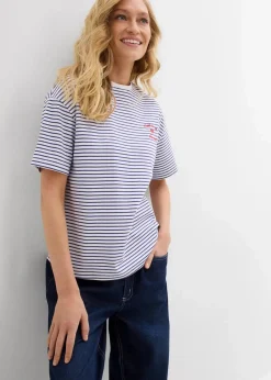 bonprix Nachhaltigere Materialien|Shirts & Tops|Gestreiftes T-Shirt mit Stickerei dunkelblau/weiß gestreift