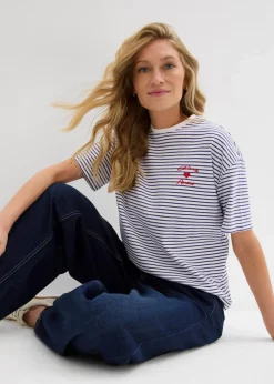 bonprix Nachhaltigere Materialien|Shirts & Tops|Gestreiftes T-Shirt mit Stickerei dunkelblau/weiß gestreift