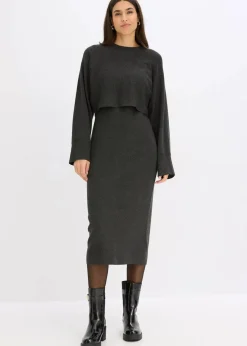 bonprix Kleider|Nachhaltigere Materialien|Gestricktes Kleiderset (2-tlg. Set) anthrazit meliert