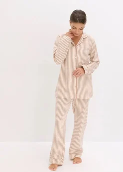 bonprix Nachtwäsche|Wäsche·Nachtwäsche|Gewebter Flanell Pyjama mit Geschenktasche schokosorbet/wollweiß gestreift