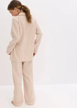 bonprix Nachtwäsche|Wäsche·Nachtwäsche|Gewebter Flanell Pyjama mit Geschenktasche schokosorbet/wollweiß gestreift