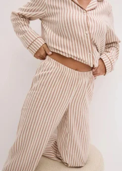 bonprix Nachtwäsche|Wäsche·Nachtwäsche|Gewebter Flanell Pyjama mit Geschenktasche schokosorbet/wollweiß gestreift