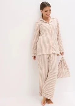 bonprix Nachtwäsche|Wäsche·Nachtwäsche|Gewebter Flanell Pyjama mit Geschenktasche schokosorbet/wollweiß gestreift