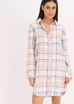 bonprix Wäsche·Nachtwäsche|Nachtwäsche|Gewebtes Nachthemd aus Flanell mit Knopfleiste puderblau/aschrosa kariert