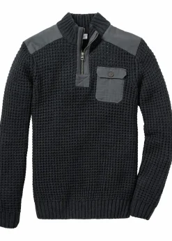 bonprix Große Größen|Pullover & Strickjacken|Grobstrick Troyer Pullover mit Web-Besatz anthrazit meliert