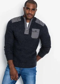 bonprix Große Größen|Pullover & Strickjacken|Grobstrick Troyer Pullover mit Web-Besatz anthrazit meliert