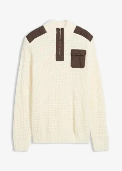 bonprix Pullover & Strickjacken|Große Größen|Grobstrick Troyer Pullover mit Web-Besatz wollweiß