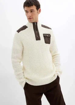 bonprix Pullover & Strickjacken|Große Größen|Grobstrick Troyer Pullover mit Web-Besatz wollweiß