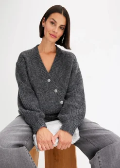 bonprix Pullover & Strickjacken|Strickmode|Grobstrickjacke aus weichem Wollmix anthrazit meliert