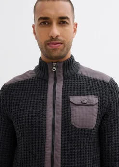 bonprix Große Größen|Pullover & Strickjacken|Grobstrickjacke in Waffelstruktur mit praktischer Brusttasche anthrazit meliert