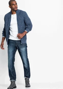 bonprix Große Größen|Pullover & Strickjacken|Grobstrickjacke mit Rippstruktur aus weichem Baumwollmix mattblau meliert