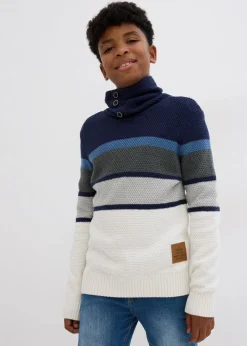 bonprix Jungen 9-16 Jahre·Sweat & Strick|Grobstrick-Pullover aus reiner Baumwolle wollweiß/dunkelblau gestreift