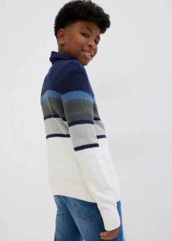 bonprix Jungen 9-16 Jahre·Sweat & Strick|Grobstrick-Pullover aus reiner Baumwolle wollweiß/dunkelblau gestreift