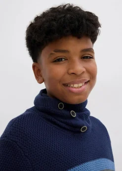 bonprix Jungen 9-16 Jahre·Sweat & Strick|Grobstrick-Pullover aus reiner Baumwolle wollweiß/dunkelblau gestreift