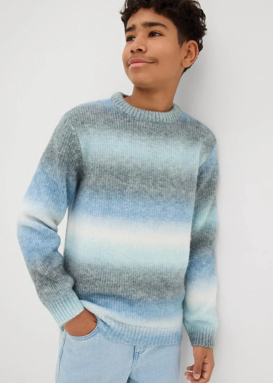 bonprix Jungen 9-16 Jahre·Bademode|Jungen 9-16 Jahre·Sweat & Strick|Grobstrick-Pullover mit Farbverlauf grau meliert/hellblau/blau/wollweiß