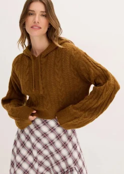 bonprix Bekleidung·Umstandsmode|Strickmode|Grobstrick-Pullover mit Kapuze cognac braun