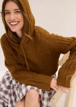 bonprix Bekleidung·Umstandsmode|Strickmode|Grobstrick-Pullover mit Kapuze cognac braun