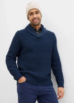 bonprix Große Größen|Pullover & Strickjacken|Grobstrick-Schallkragenpullover mit Waffelstruktur dunkelblau