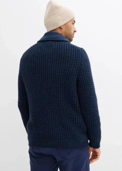 bonprix Große Größen|Pullover & Strickjacken|Grobstrick-Schallkragenpullover mit Waffelstruktur dunkelblau