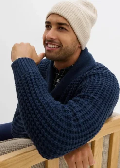 bonprix Große Größen|Pullover & Strickjacken|Grobstrick-Schallkragenpullover mit Waffelstruktur dunkelblau