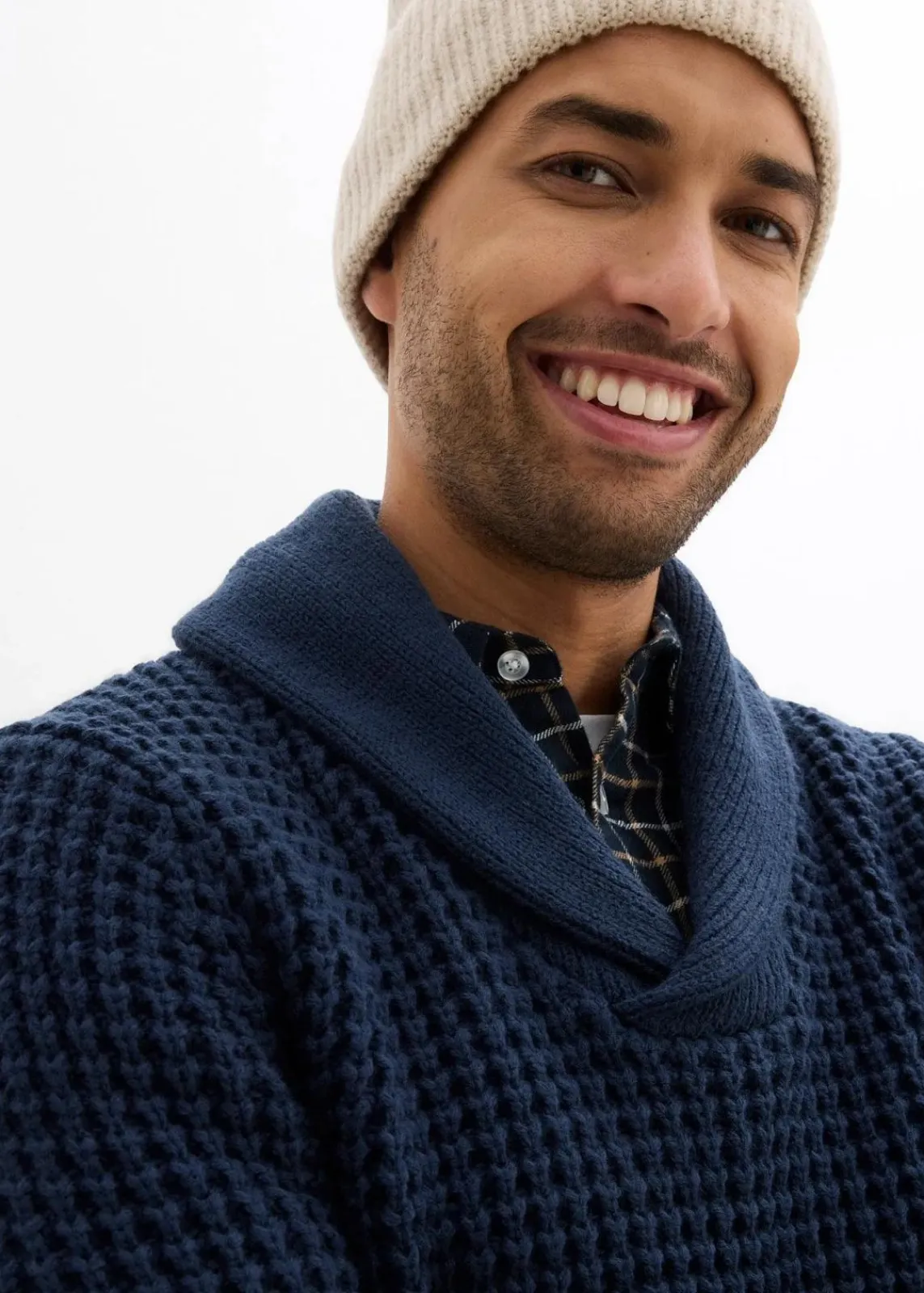 bonprix Große Größen|Pullover & Strickjacken|Grobstrick-Schallkragenpullover mit Waffelstruktur dunkelblau