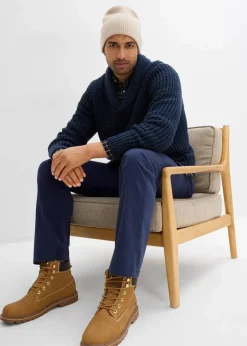 bonprix Große Größen|Pullover & Strickjacken|Grobstrick-Schallkragenpullover mit Waffelstruktur dunkelblau