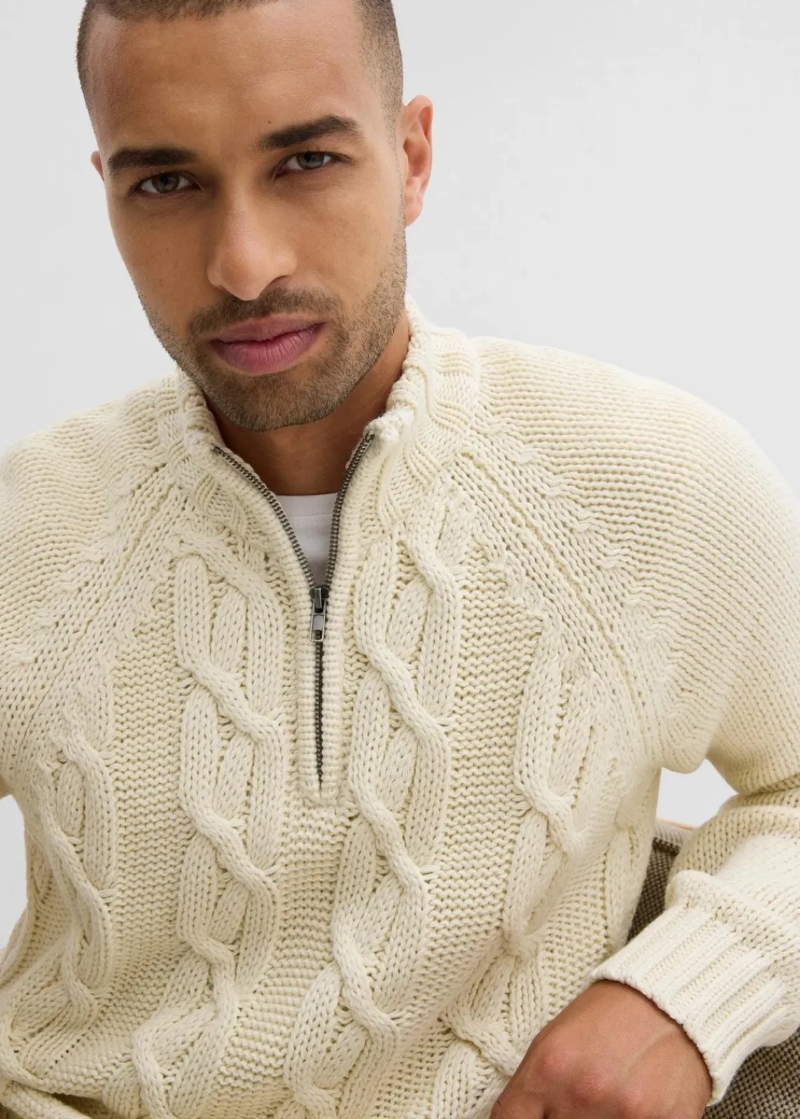 bonprix Große Größen|Pullover & Strickjacken|Grobstrick-Troyer mit Zopfmuster aus weichem Baumwollmix natur