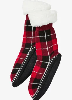 bonprix Pantoletten, Sandalen & Hausschuhe|Socken|Haussocken mit angenähter Sohle und Teddyfutter schwarz kariert