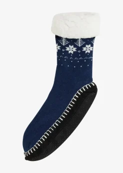 bonprix Homewear|Socken & Strumpfhosen|Haussocken mit angenähter Sohle und Teddyfutter tiefblau gemustert
