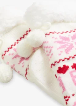 bonprix Homewear|Socken & Strumpfhosen|Haussocken mit Teddyfutter und angenähter Sohle rosa/rot/wollweiß gemustert