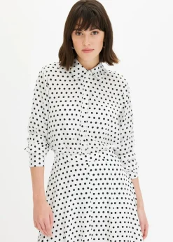 bonprix Bekleidung·Jacken & Mäntel|Blusen & Tuniken|Hemdbluse aus feinem Satin weiß/schwarz gepunktet